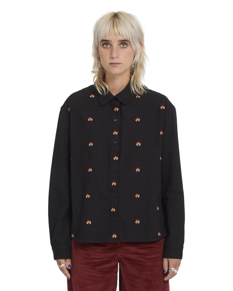 Camisa Negra Bordada Ojo Llameante Manga Larga Mujer