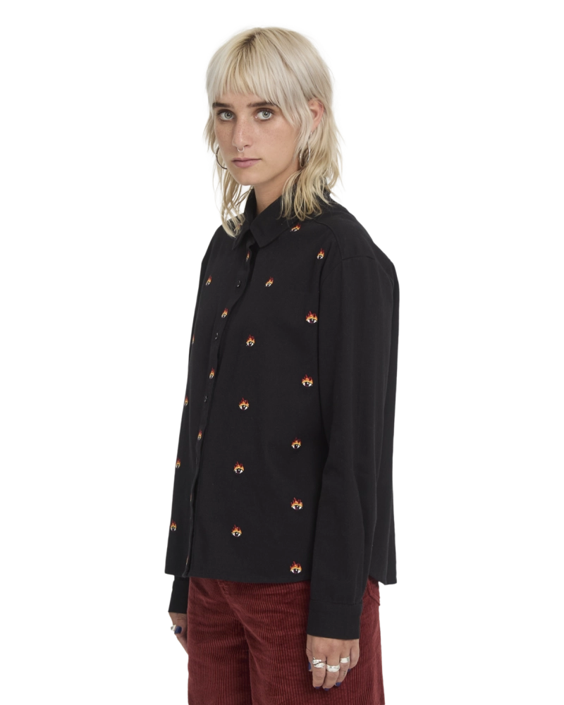 Camisa Negra Bordada Ojo Llameante Manga Larga Mujer