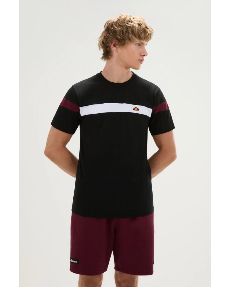 Camiseta Ellesse Caserio Tee hombre negra con franja blanca y burdeos