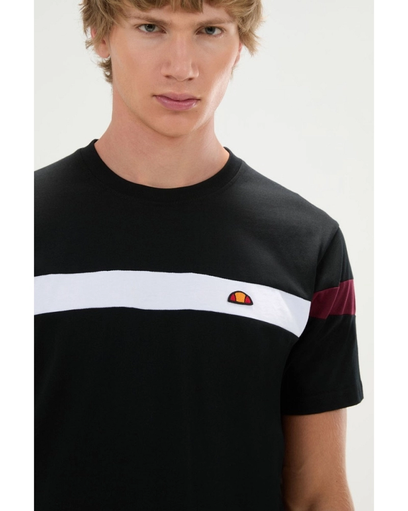 Camiseta Ellesse Caserio Tee hombre negra con franja blanca y burdeos