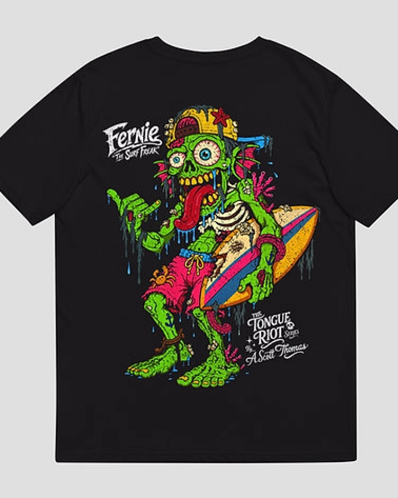 Camiseta negra de algodón con estampado surf zombie – Fernie The Surf Freak | The Backyard Apparel