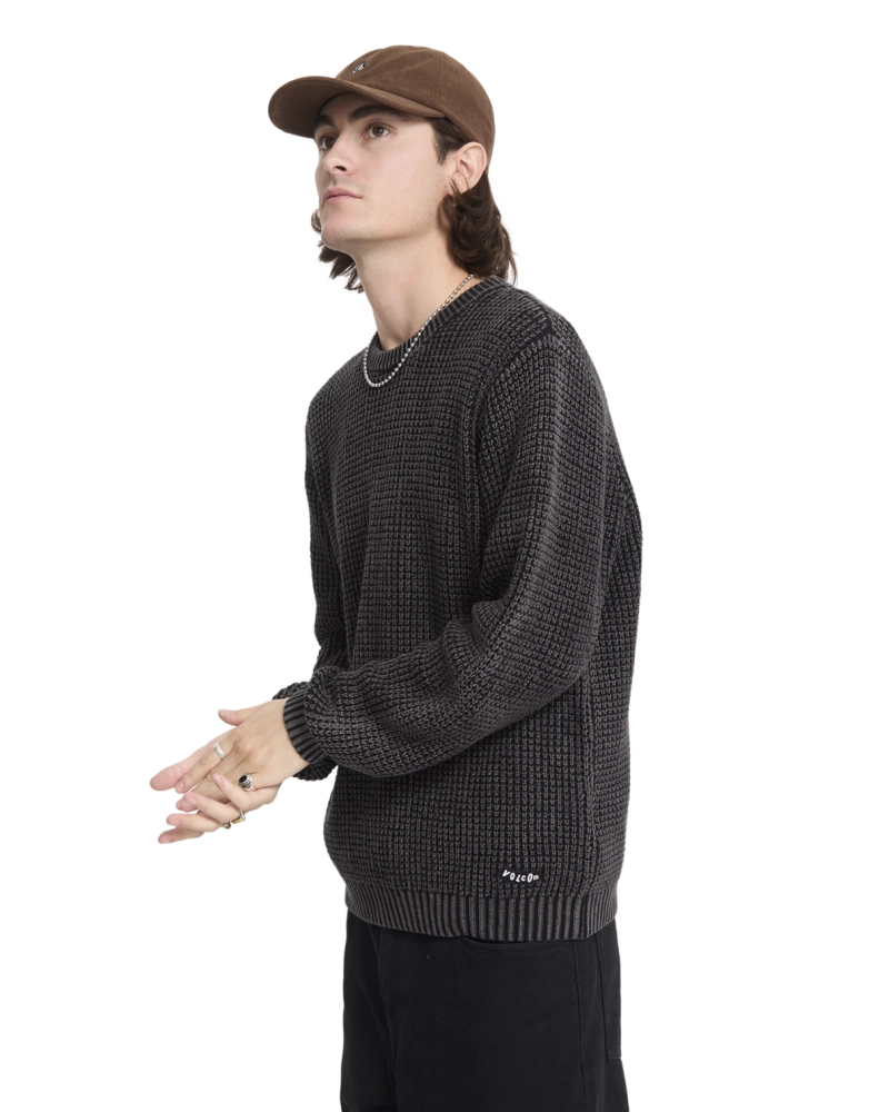 Jersey Volcom Hombre Punto Waffle Negro Lavado | Cuello Redondo Jersey Volcom Hombre Punto Waffle Negro Lavado | Cuello Redondo
