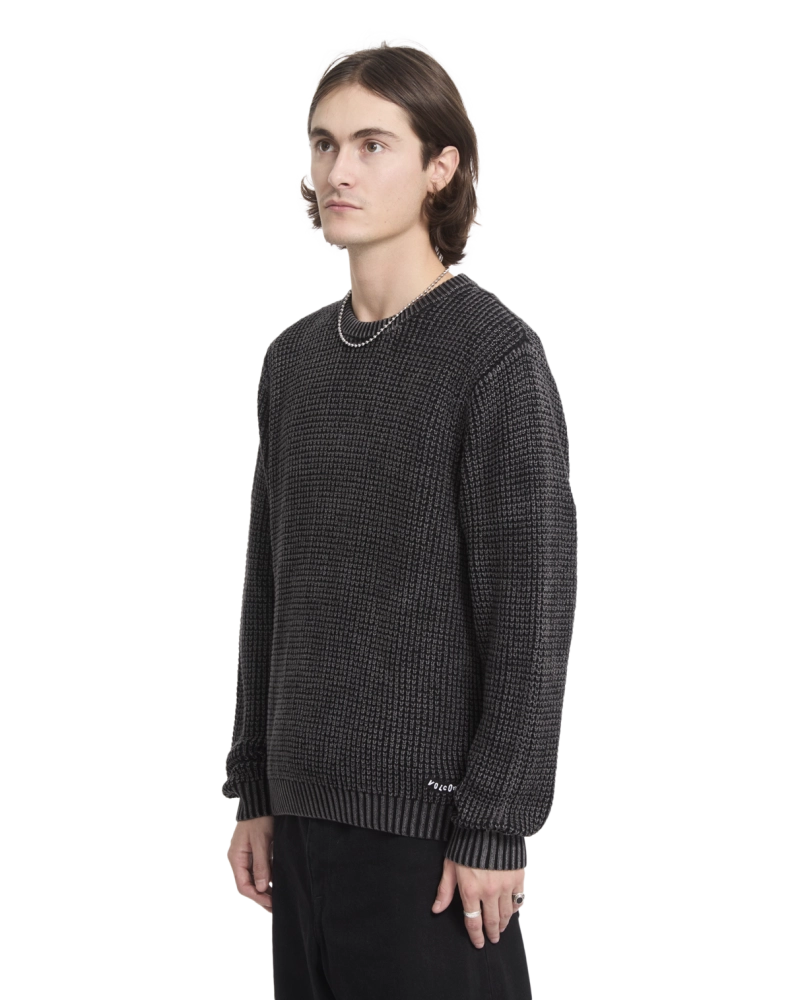 Jersey Volcom Hombre Punto Waffle Negro Lavado | Cuello Redondo Jersey Volcom Hombre Punto Waffle Negro Lavado | Cuello Redondo