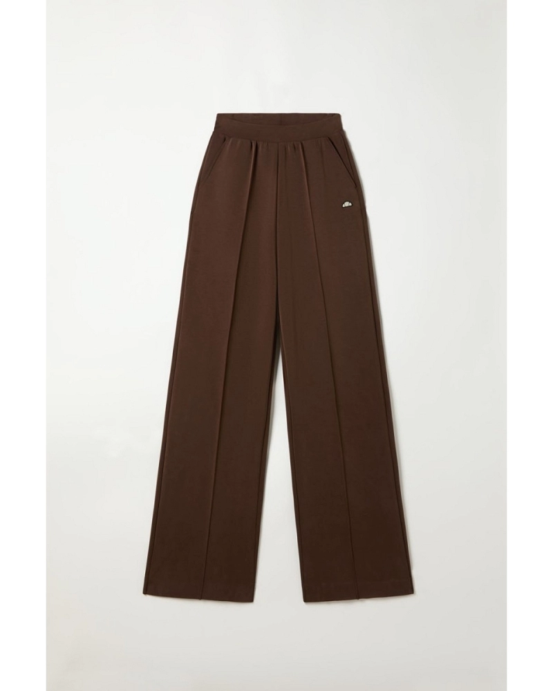 Pantalón de mujer de pernera ancha marrón con cintura elástica y logo bordado Pantalón de mujer de pernera ancha marrón con cintura elástica y logo bordado