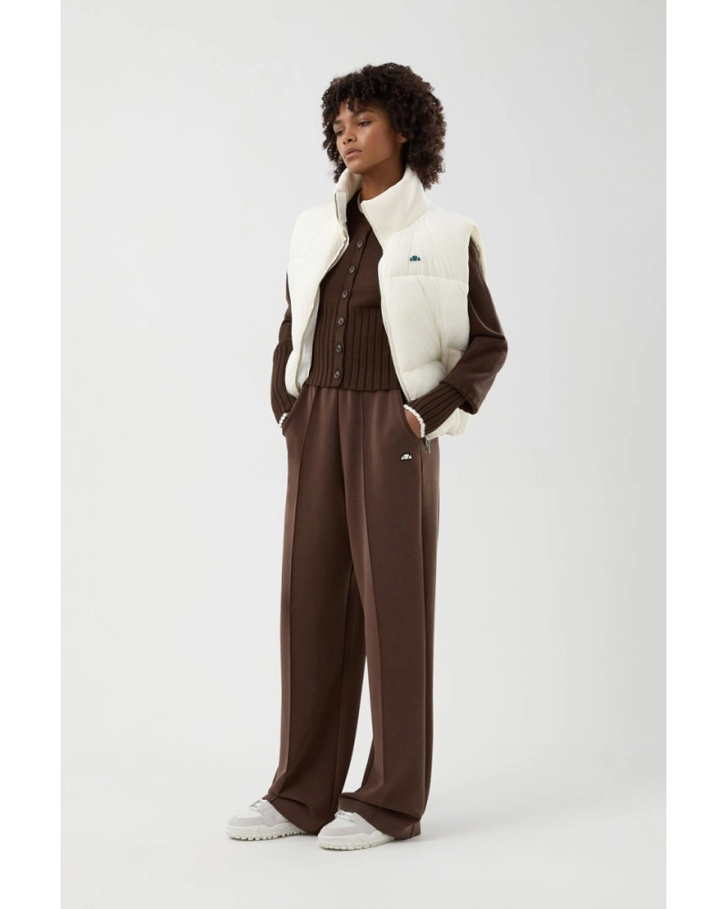Pantalón de mujer de pernera ancha marrón con cintura elástica y logo bordado Pantalón de mujer de pernera ancha marrón con cintura elástica y logo bordado