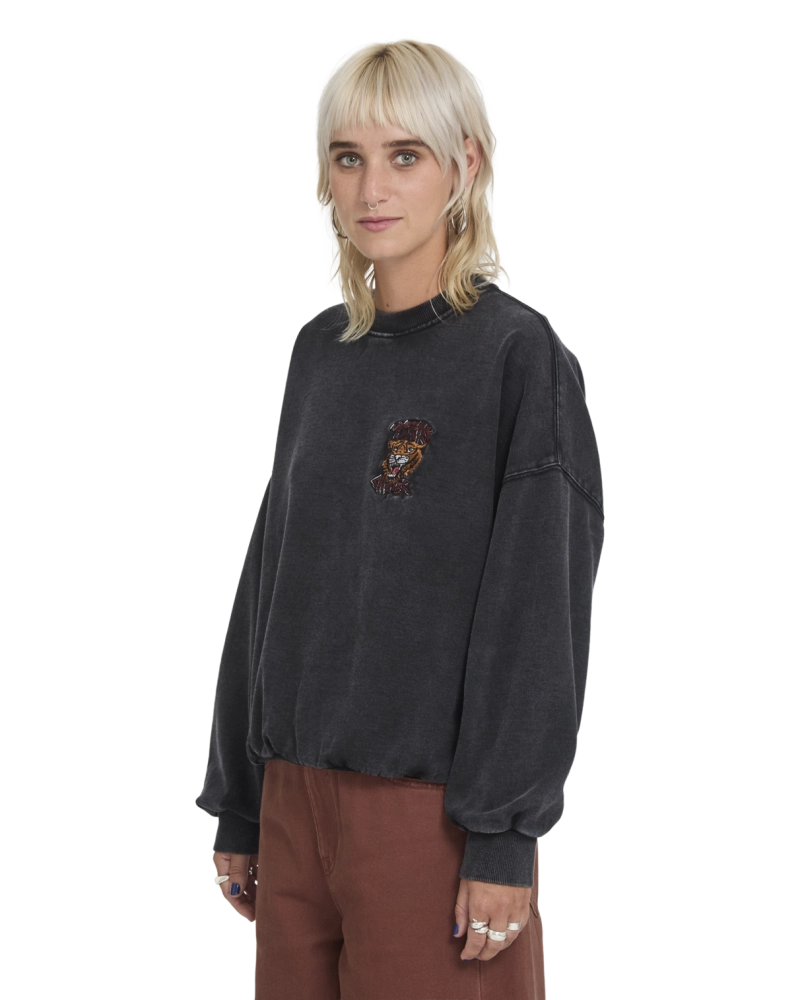 Sudadera Volcom Cropped Parche Tigre Bordado - Negro Washed