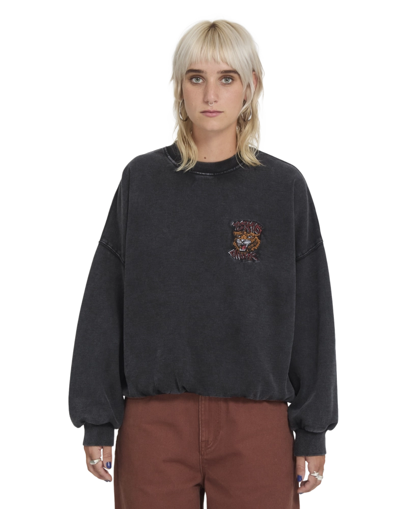 Sudadera Volcom Cropped Parche Tigre Bordado - Negro Washed