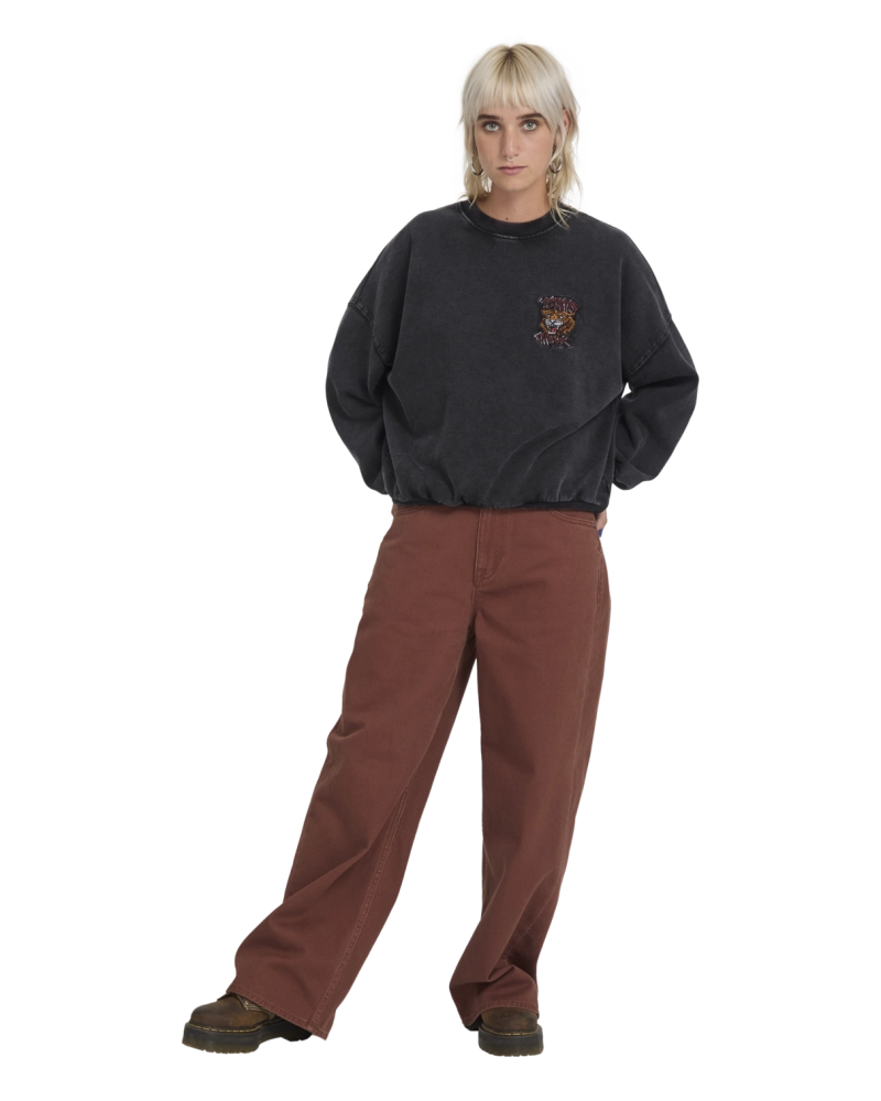 Sudadera Volcom Cropped Parche Tigre Bordado - Negro Washed
